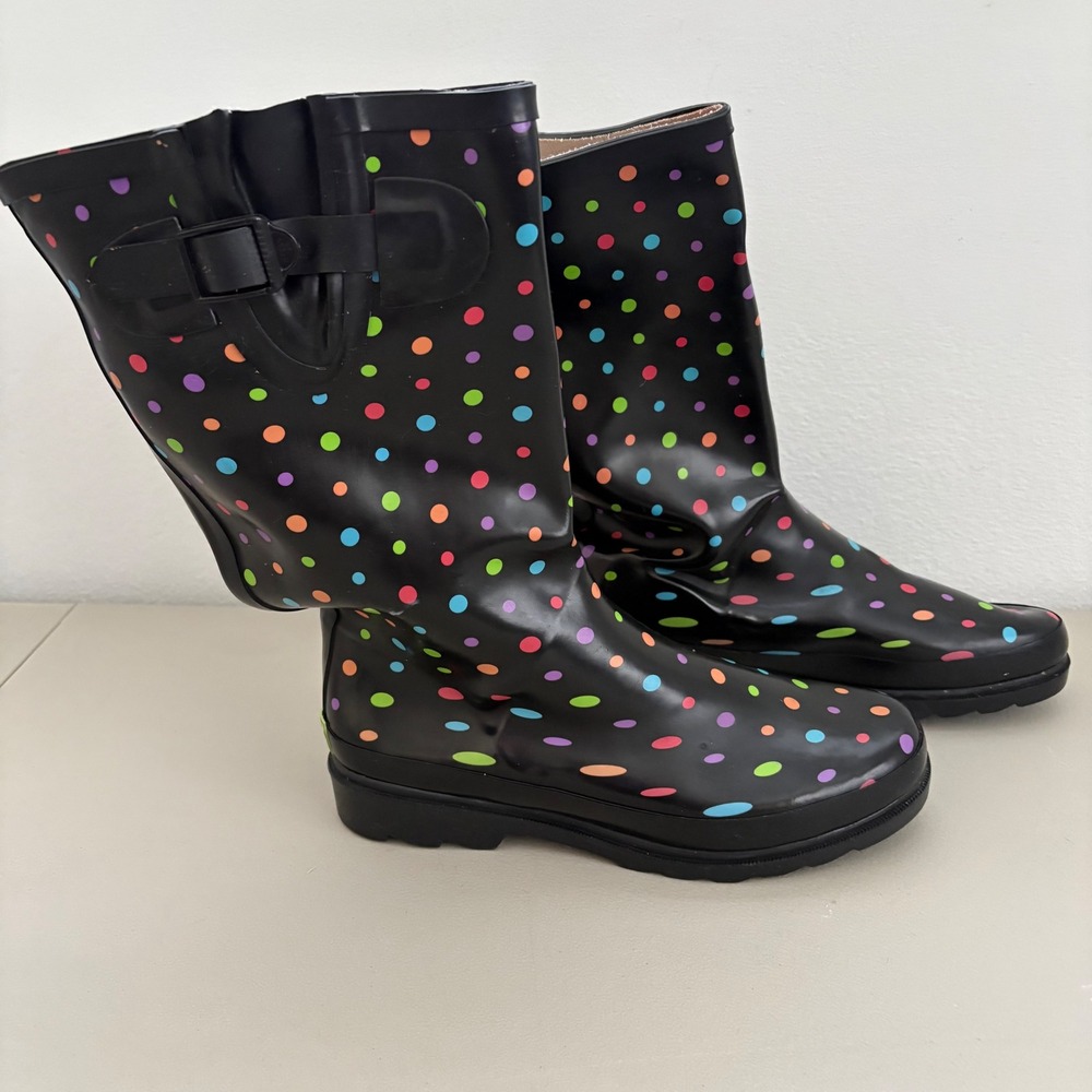 Western Chief Ditsy Dots Rain Boots Black Multi Color Polka Dot Waterproof Sz 8 - Picture 3 of 11